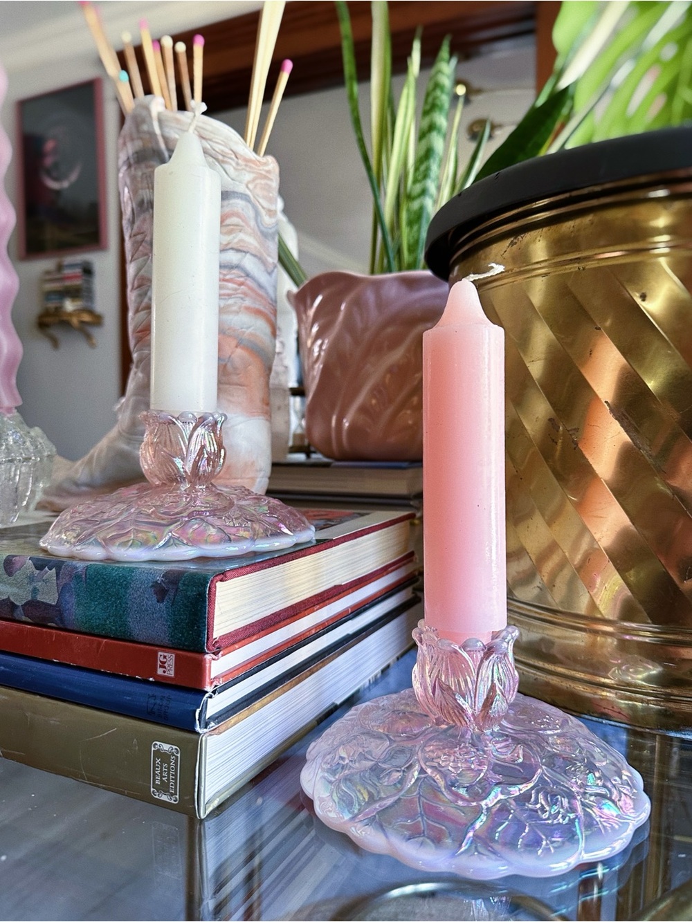 Vintage Fenton Pink Opalescent Carnival Glass Water Lilly Candlestick Holders